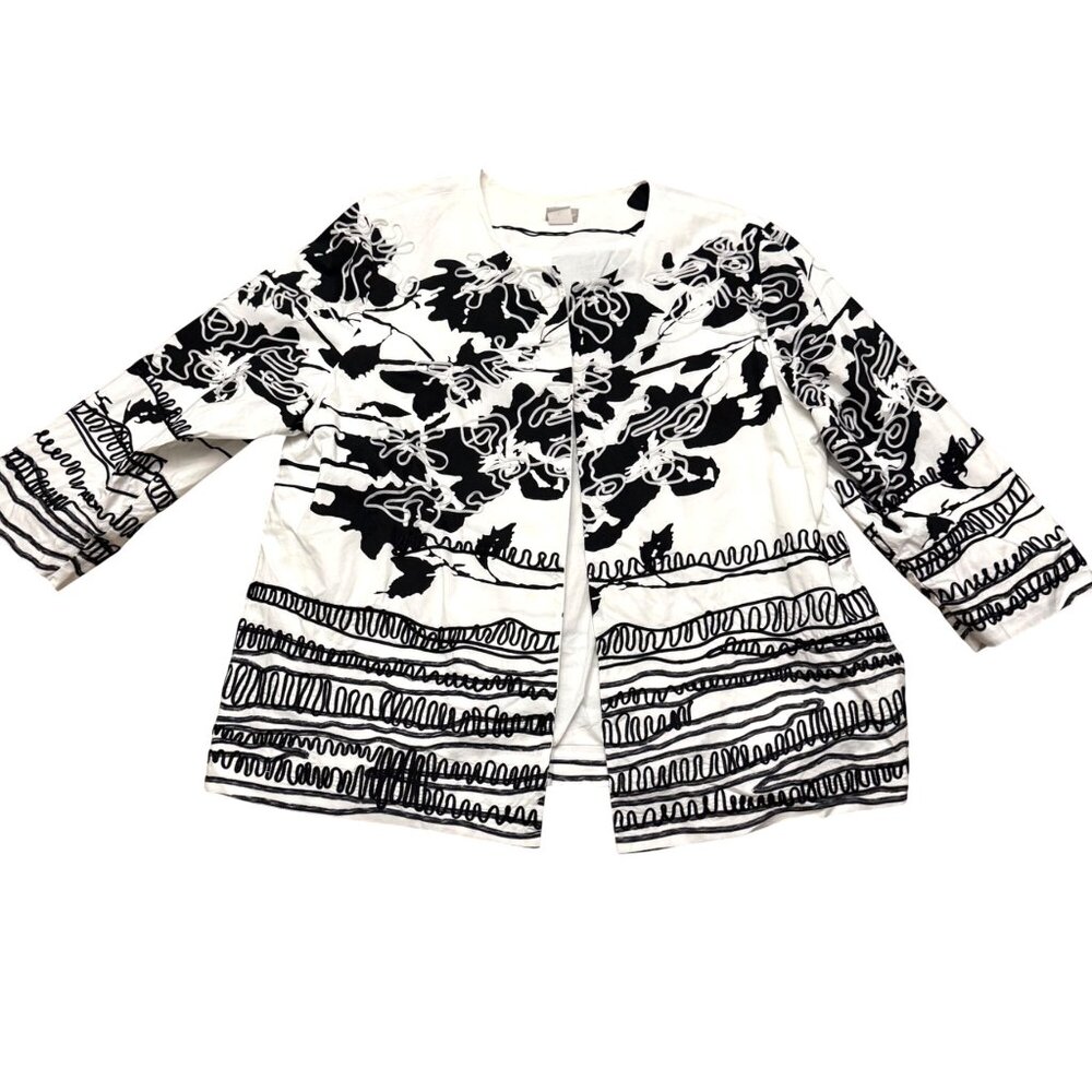 Chico's Women's Blazer Jacket 16-18 White Black Embroidered Linework Open Front - Picture 2 of 10